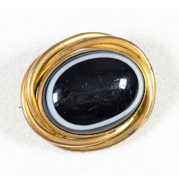 Antique Victorian Bullseye Banded Agate Mourning Brooch, gold plated chunky - Picture 1 of 7